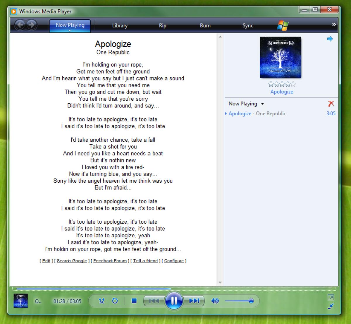 Testi canzoni su Windows Media Player - 