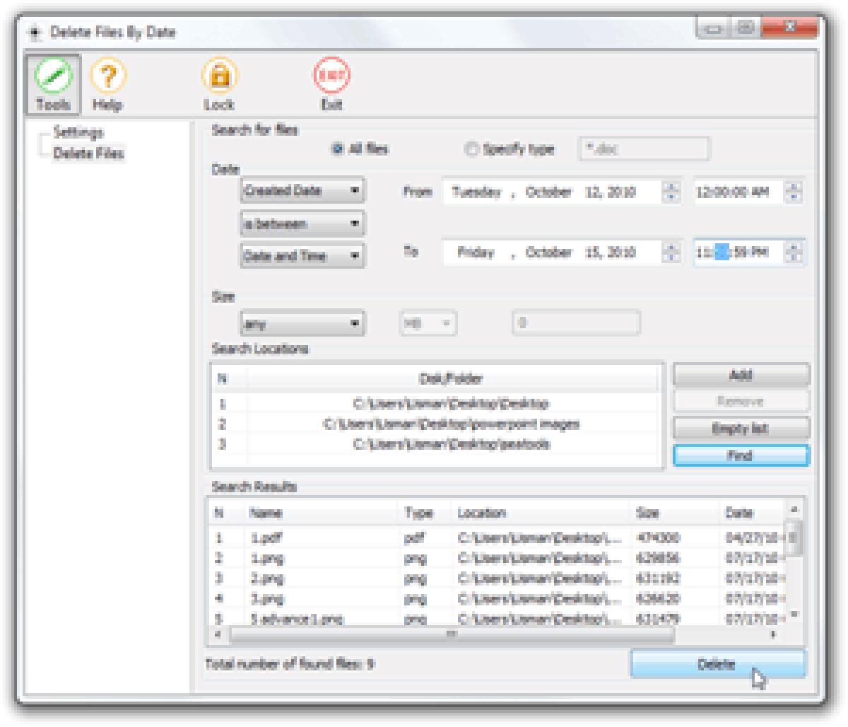 Disco pulito con Delete Files - 