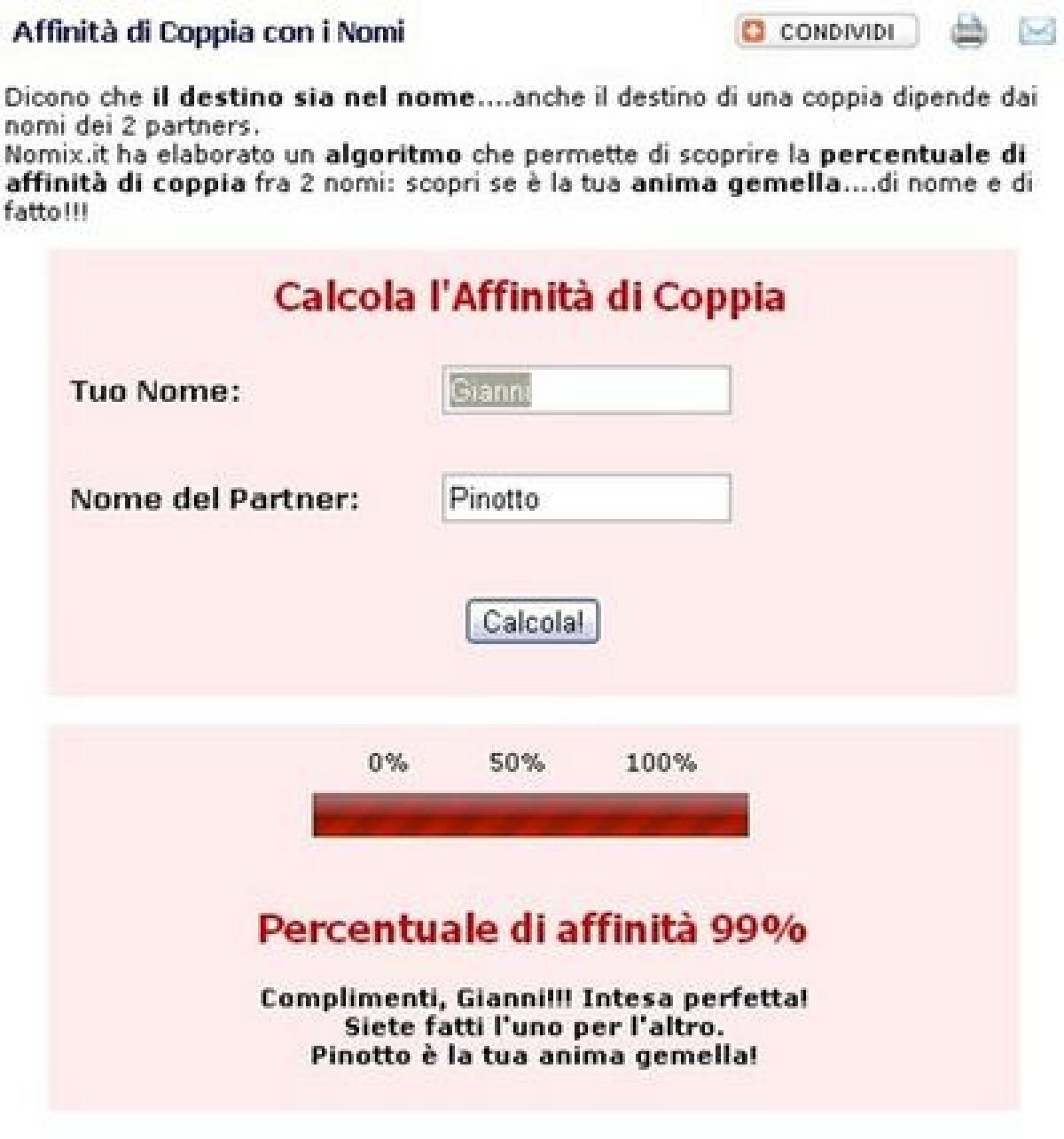 Calcolare affinità di coppia su Nomix - 
