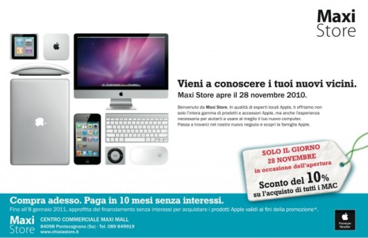 Sconto del 10%, il 28 novembre, presso il nuovo Apple Premium Reseller del Centro Commerciale Maxi Mall di Pontecagnano, Salerno - 