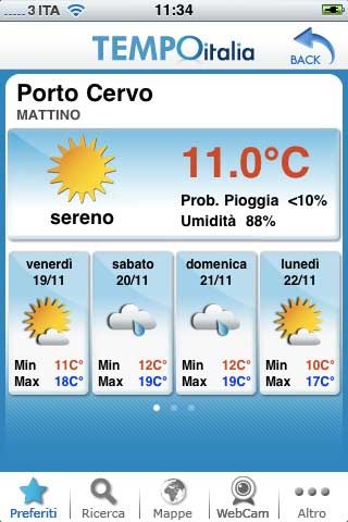 Previsioni del tempo su iPhone con l'applicazione Tempo Italia