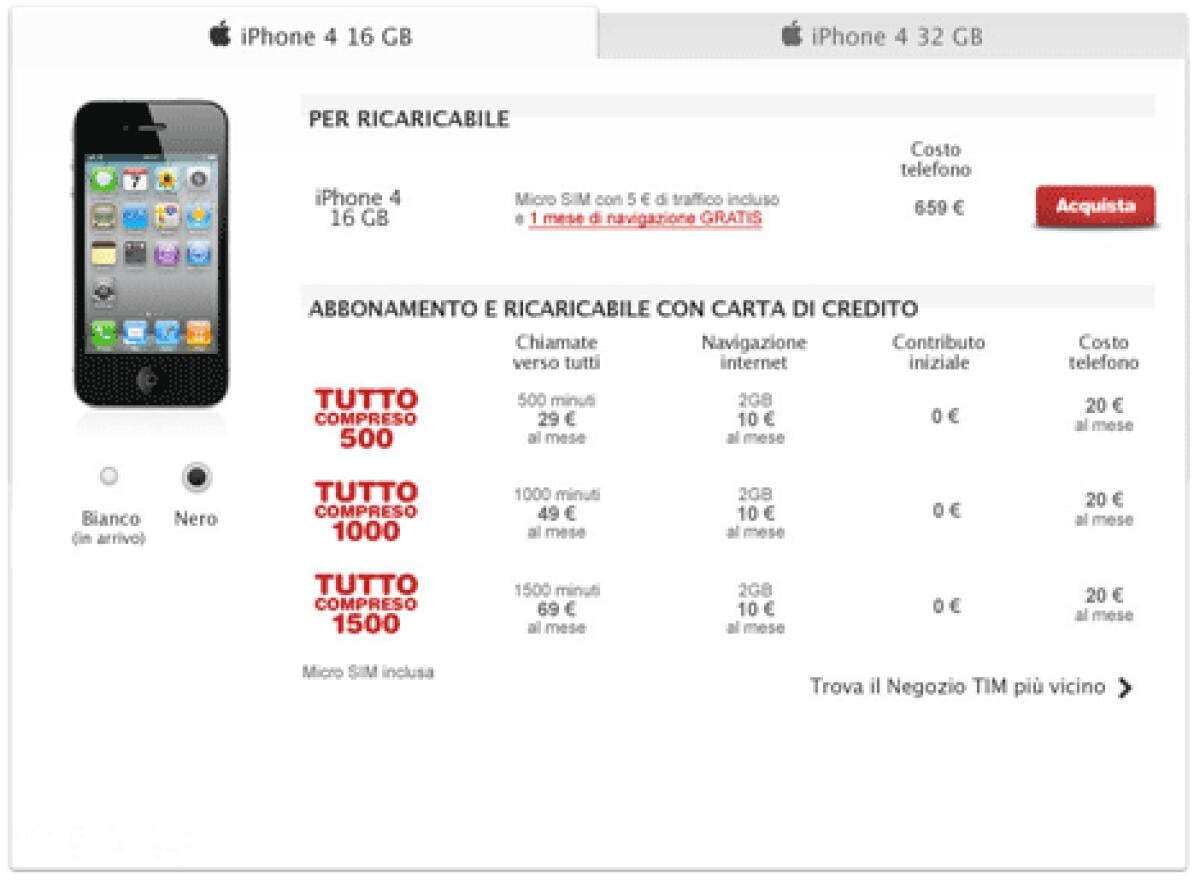 iPhone 4 bianco presente anche sul sito di TIM - 