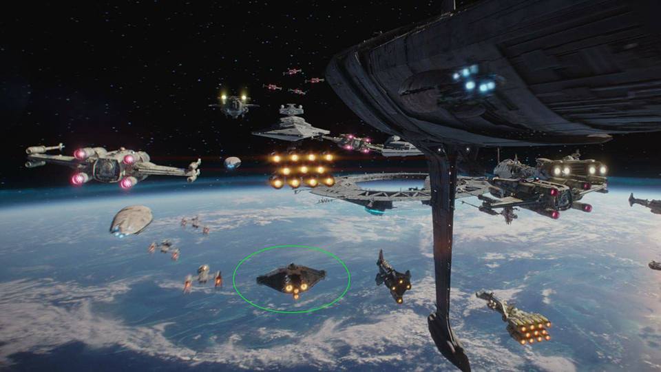 La nave Ghost, quella cerchiata in verde, nella battaglia di Scarif