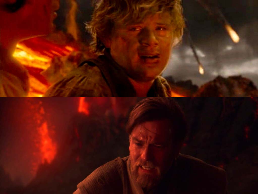 In alto: Sam nella scena del Monte Fato, in il Signore degli Anelli: il Ritorno del Re. In basso : Obi Wan in Episodio III