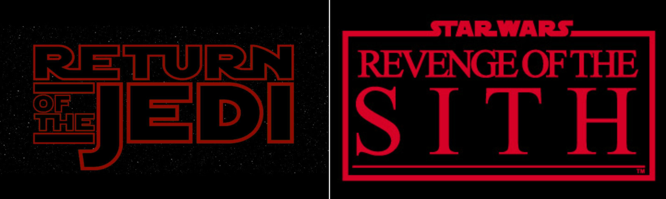 I loghi de "Il ritorno dello Jedi" e "La vendetta dei Sith", entrambi in rosso