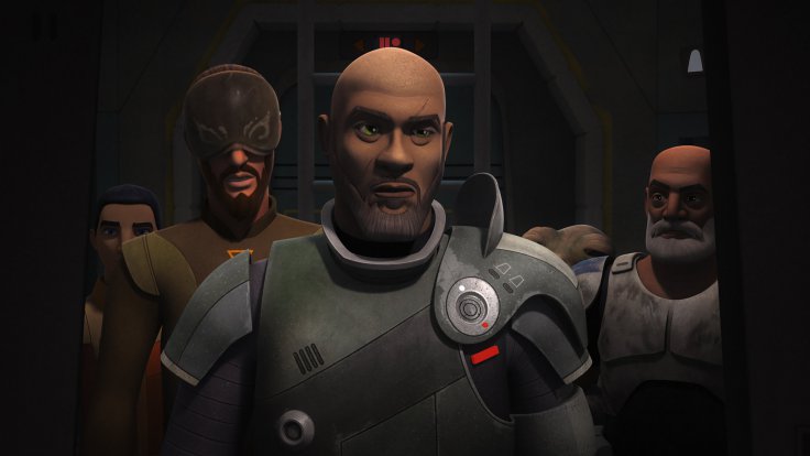 Saw Gerrera al centro; Dietro Ezra, Kanan e Rex.