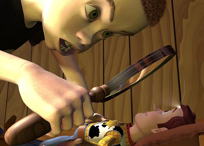 Sid interroga Woody nella sua camera in Toy Story