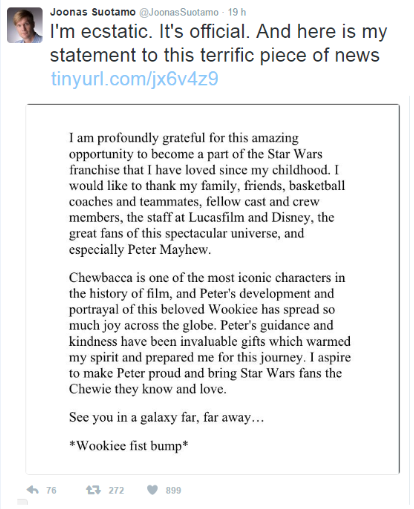 Il messaggio del giovane attore su Twitter.