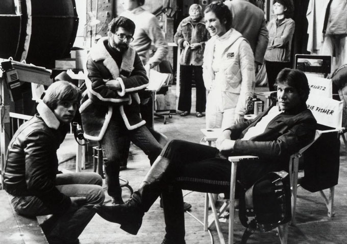Da sx a dx: Mark Hamill, George Lucas, Carrie Fisher e Harrison Ford