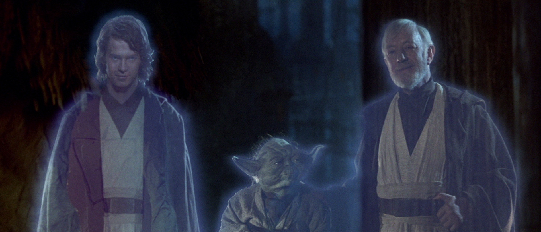 Anakin Skywalker, Yoda e Obi-Wan Kenobi in versione spiriti della Forza.Fonte: wookieepedia