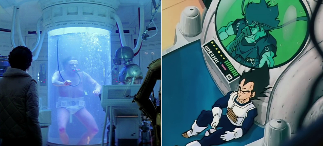 A sx il Bacta tank, a dx la sua controparte in Dragon Ball