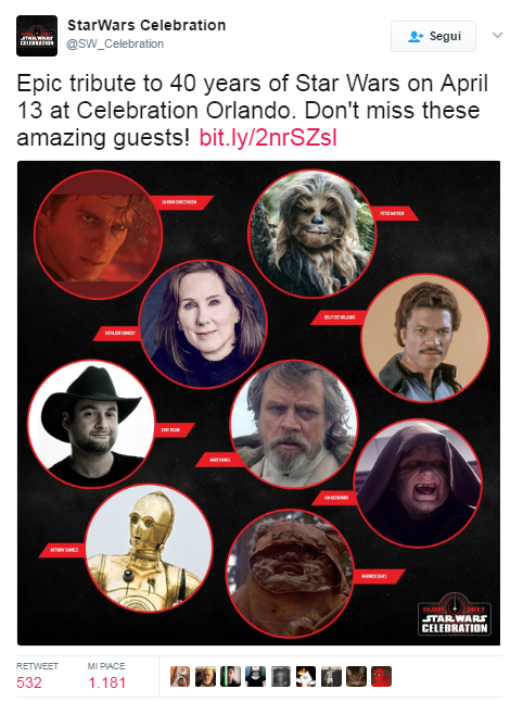 Gli ospiti del panel dedicato ai 40 anni di Star Wars.Da: Twitter, pagina ufficiale SW Celebration