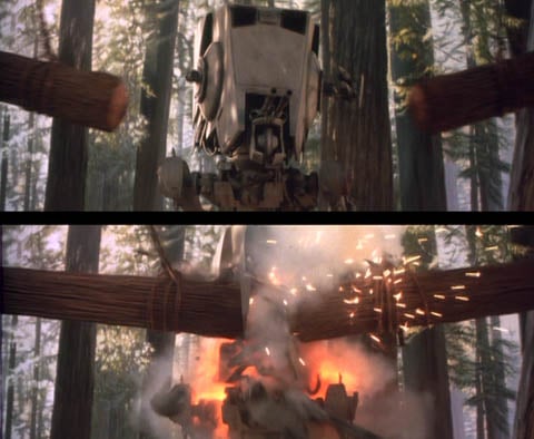 Un'ingegnosa trappola Ewok distrugge un AT-ST imperiale.