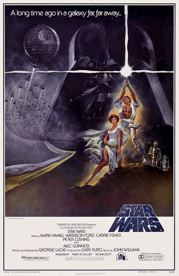 (1977) La prima locandina ufficiale di Star Wars, disegnata da Tom Jung, con il logo inclinato
