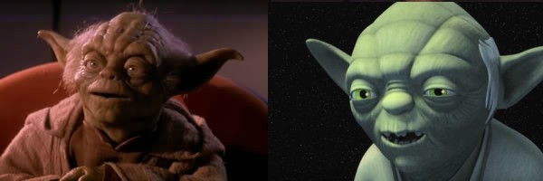 A sx il primo Yoda in Episodio I, a dx quello in Rebels