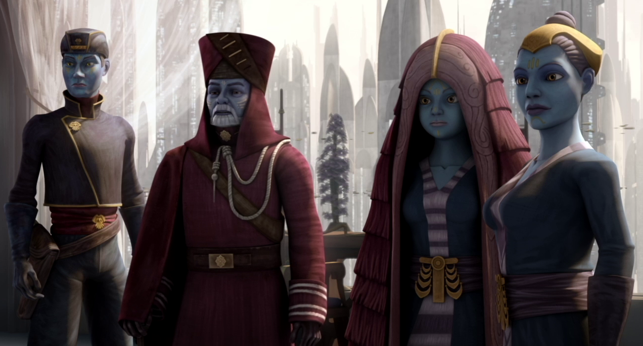 Papanoida con i suoi figli. Al suo fianco Chi Eekway, interpretata in Episodio III da Katie Lucas.Da: TCW