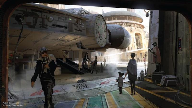Concept art del Millennium Falcon a grandezza naturale, che sorgerà nel parco a tema. Crediti in foto