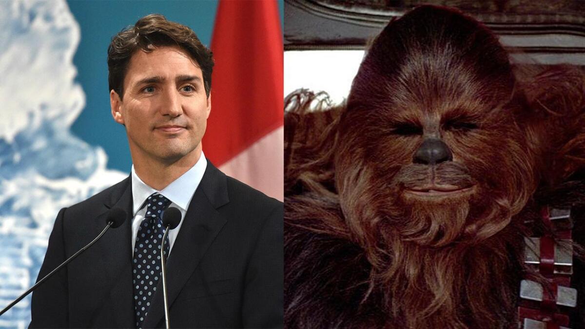 Il premier canadese nei guai a causa di Chewbacca - Il primo ministro canadese Justin Trudeau e Chewbacca.
