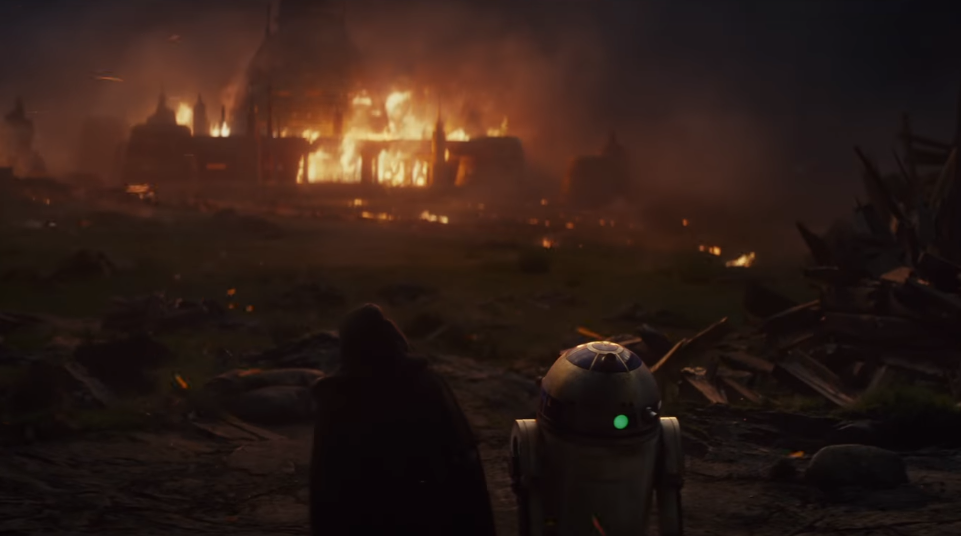 Luke ed R2-D2 assistono alla distruzione del secondo tempio jedi.Da: youtube