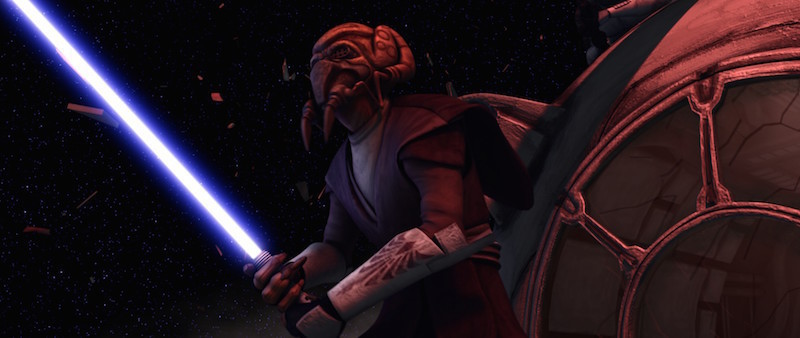 Il Maestro Jedi Plo Koon combatte i droidi nello spazio.Da: wookieepedia