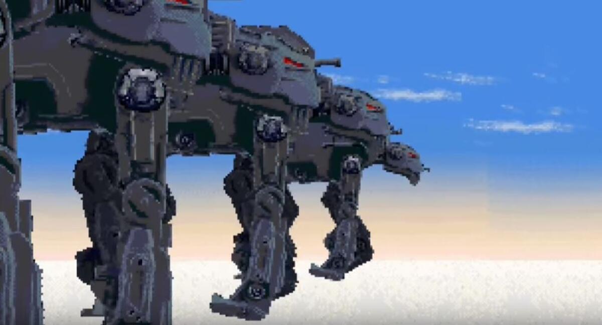 La battaglia finale di The Last Jedi ricreata in 16-bit - Una scena del video con gli AT-M6 su Crait.
