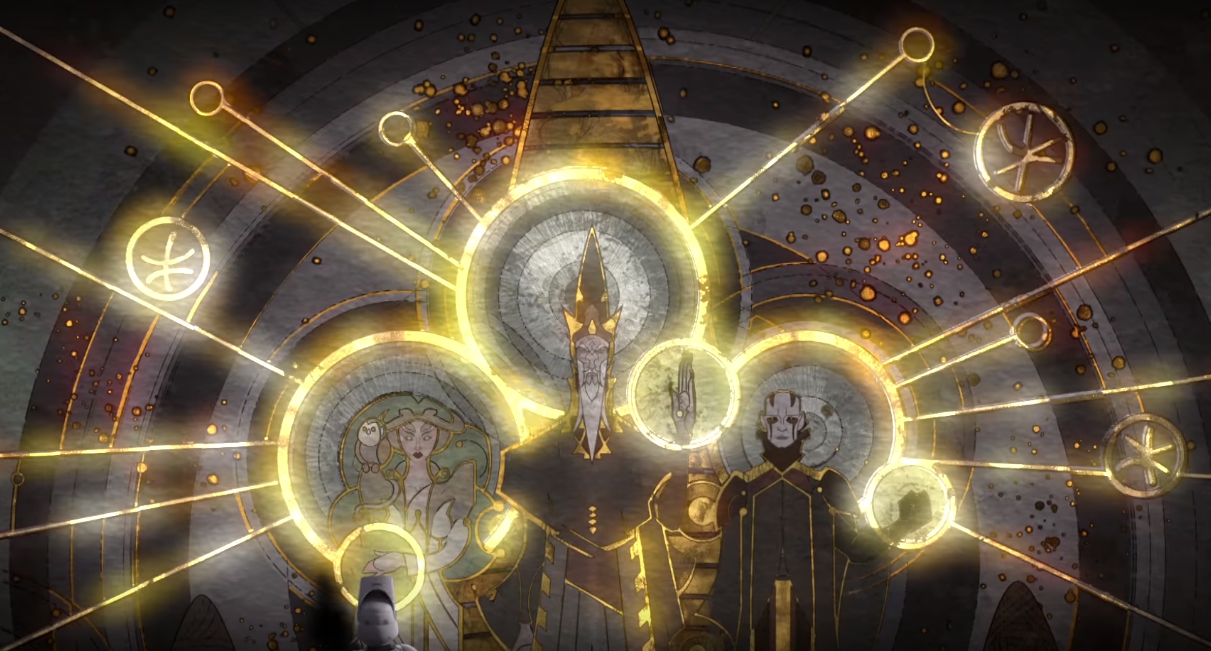 Ezra osserva una raffigurazione del Padre, il Figlio e la Figlia visti in The Clone Wars