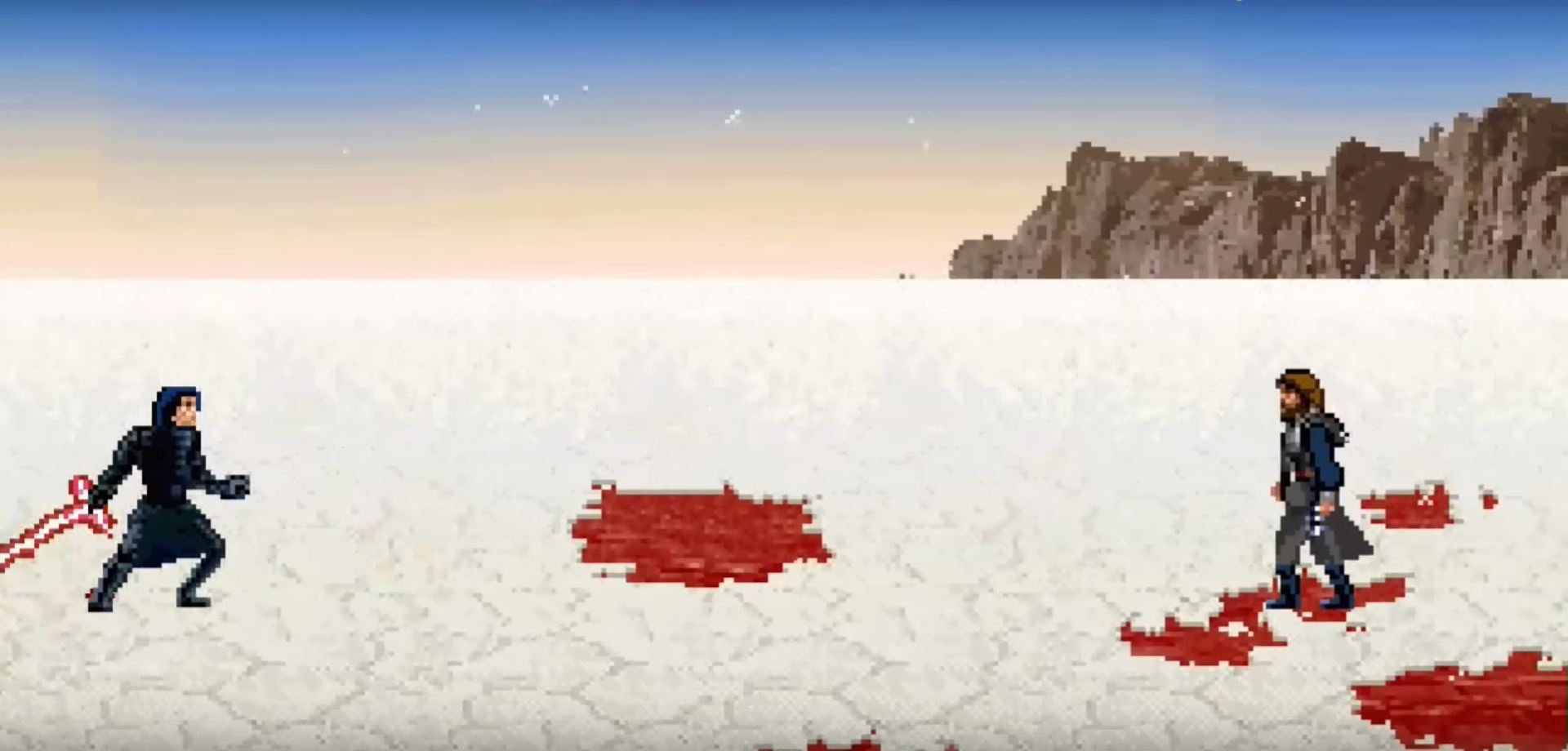 La Battaglia di Crait ricostruita con la grafica dei videogiochi dei primi anni 90.