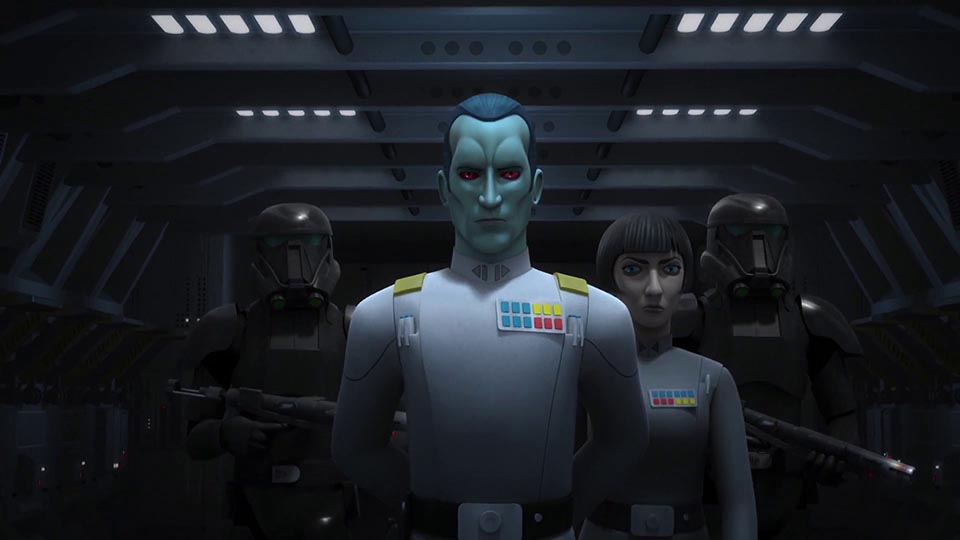 Il Grand Ammiragilio Thrawn e Arihnda Pryce con dei Deathtrooper al seguito