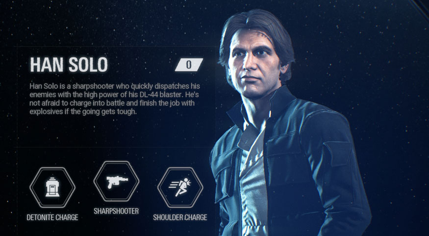Attualmente Han Solo ha, ovviamente, le sembianze di Harrison Ford in Battlefront II
