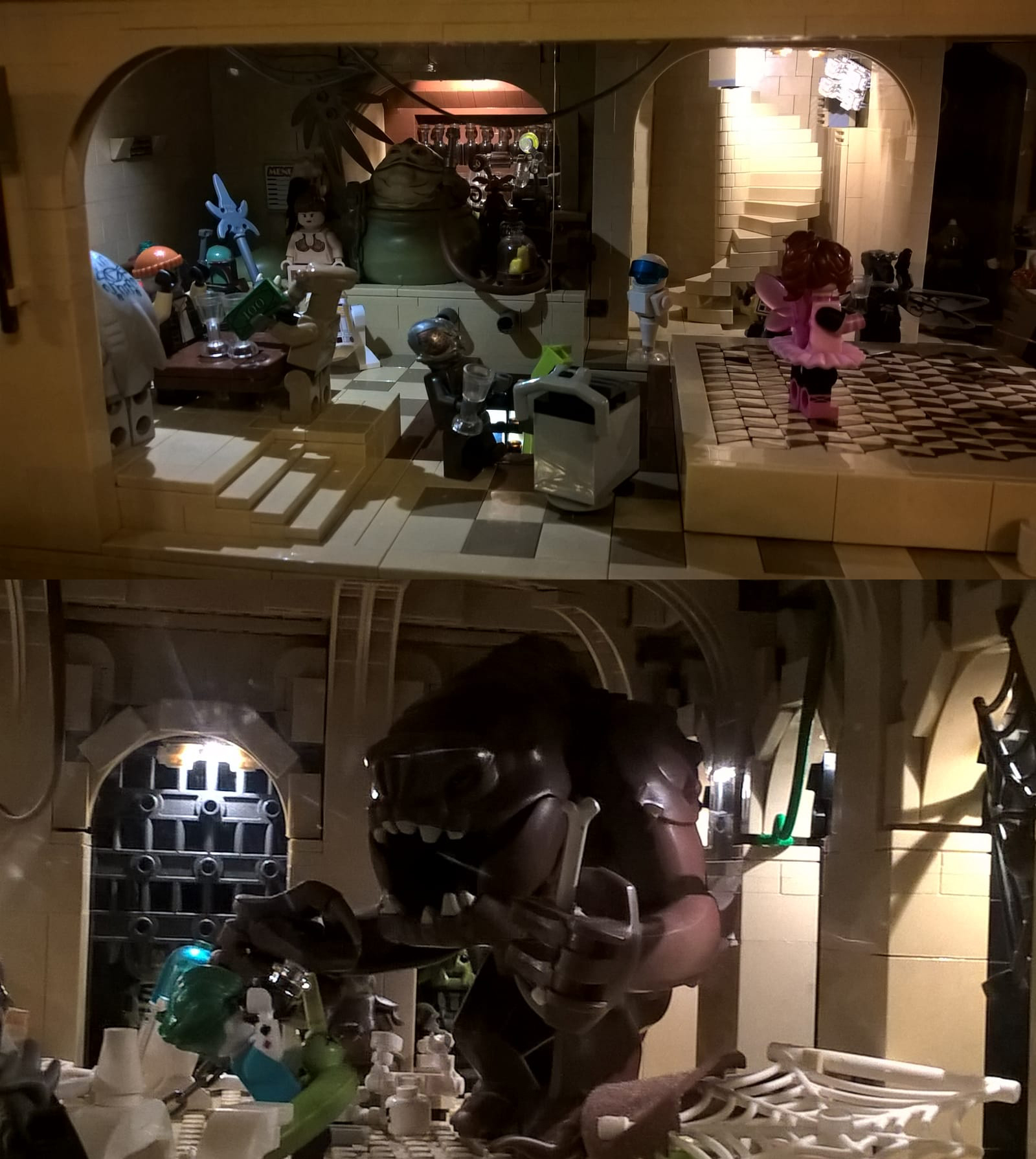 Sopra la ricostruzione della sala con Jabba e Leia, sotto quella del Rancor