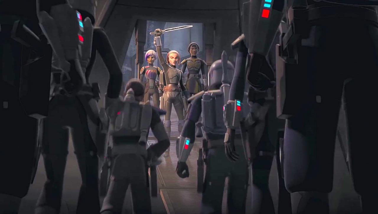 Bo-Katan Kyrze incita i suoi uomini in una scena di Rebels