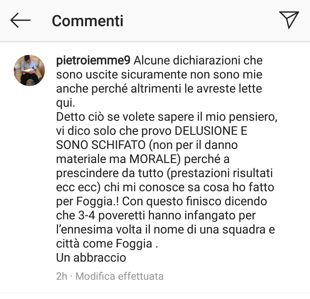 Foggia Calcio, Pietro Iemmello: "Sono deluso e schifato"