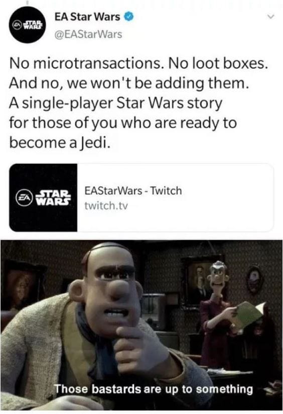 Un simpatico ed insolente meme, che scherza sul passato videoludico di Star Wars da parte di EA.