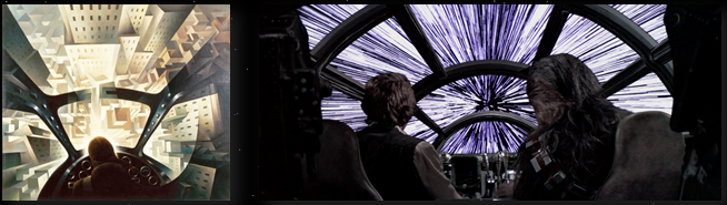 Parallelismo grafico tra "Incuneandosi nell'abitato-1939" di Tullio Crali e un frame raffigurante il Millennium Falcon
