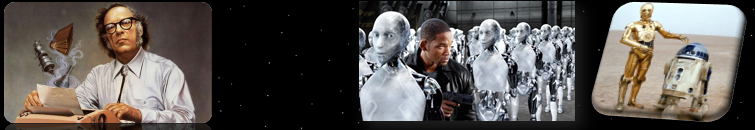 Da sinistra: Isaac Asimov, un frame del film "Io, robot", trasposizione cinematografica dell'opera più importante dell'autore e i celebri droidi C-3PO e R2-D2