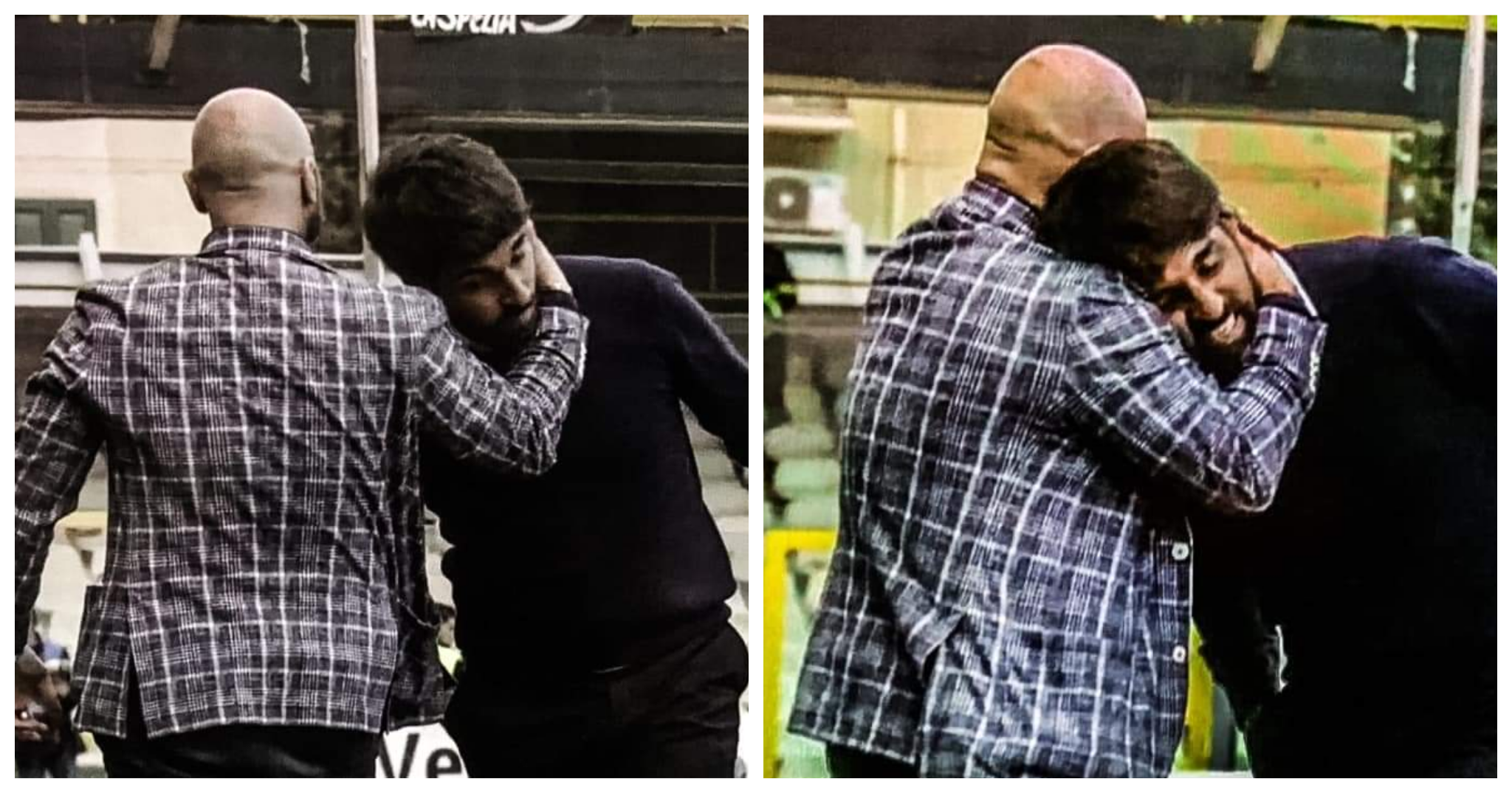 L'abbraccio tra Luca Nember e Gianluca Grassadonia. Foto pubblicate su Facebook da Raffaele Garinella