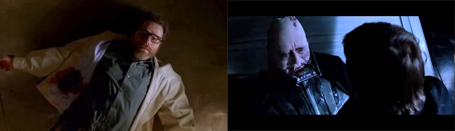 Rispettivamente le scene della morte di entrambi i protagonisti; a sx Walter White e a dx Darth Vader.