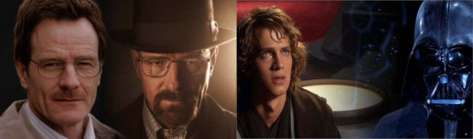 I due personaggi con i loro relativi alter ego; A sx: Walter White - Heisenberg, a dx: Anakin Skywalker - Darth Vader.