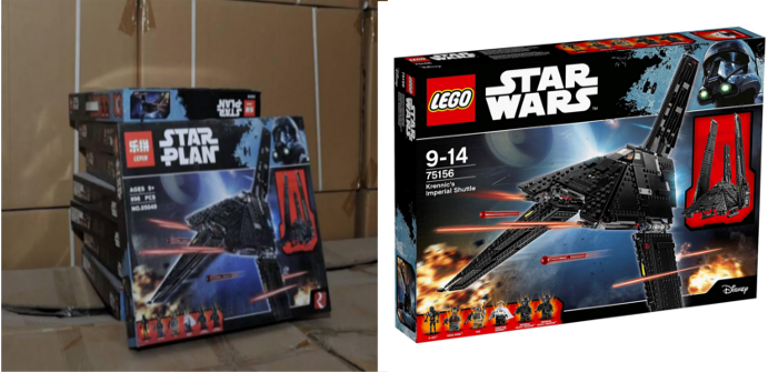 Una comparazione tra un set clone Lepin e il suo corrispettivo originale Lego; in particolare nell'immagine: lo shuttle imperiale di Krennic.