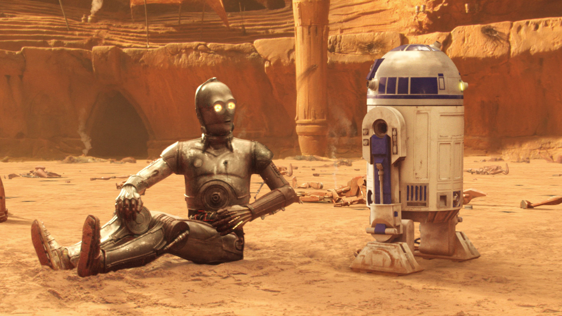 R2-D2 e C3PO in Episodio II dopo la battaglia di Geonosis.Fonte: Science Fiction and Fantasy Stack Exchange