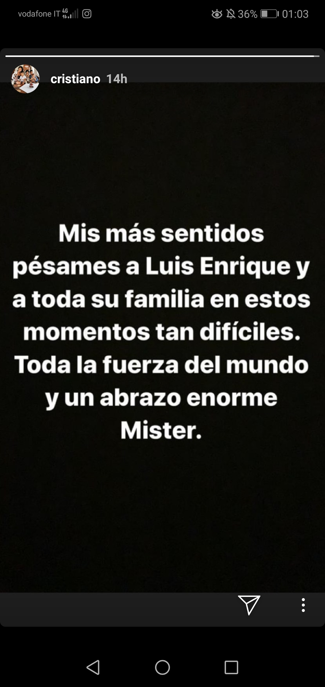 Le parole di Ronaldo per Luis Enrique in una storia su Instagram