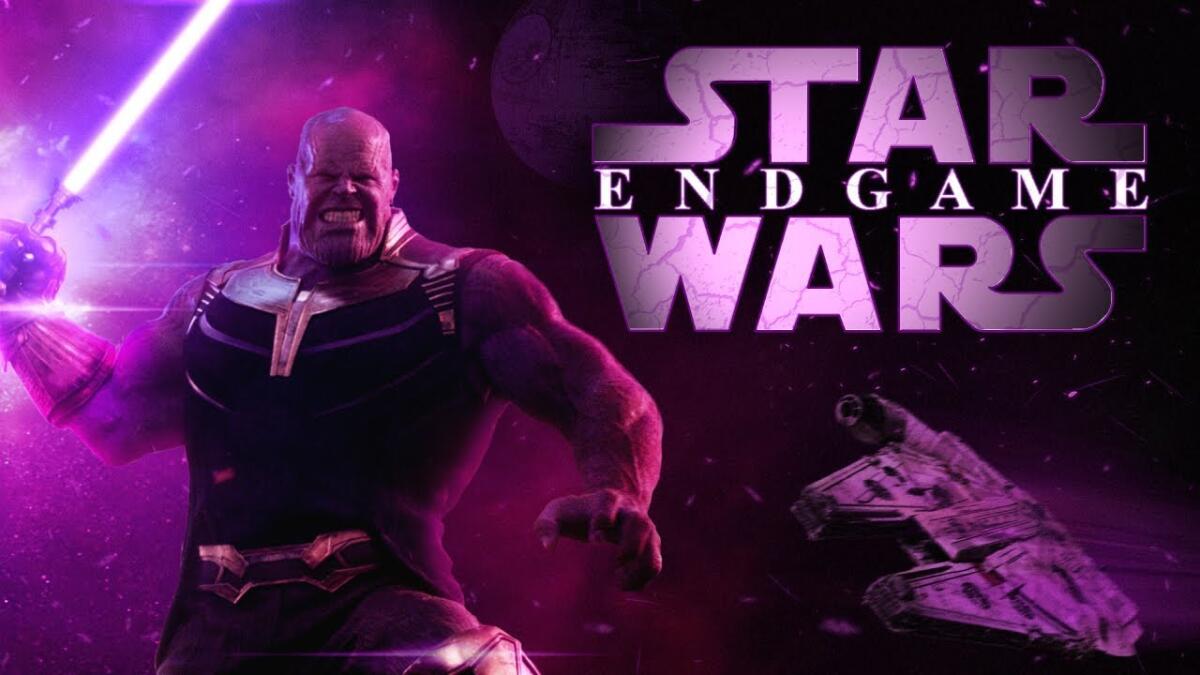 Episodio IX riuscirà a battere gli incassi di Endgame? - Thanos con la spada laser in un mashup tra Star Wars e gli Avengers.