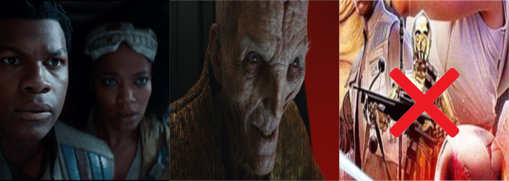 Collage di foto raffiguranti in ordine: Finn e Jannah, Snoke e "Rambo-C3PO", confermato come assente nella pellicola.