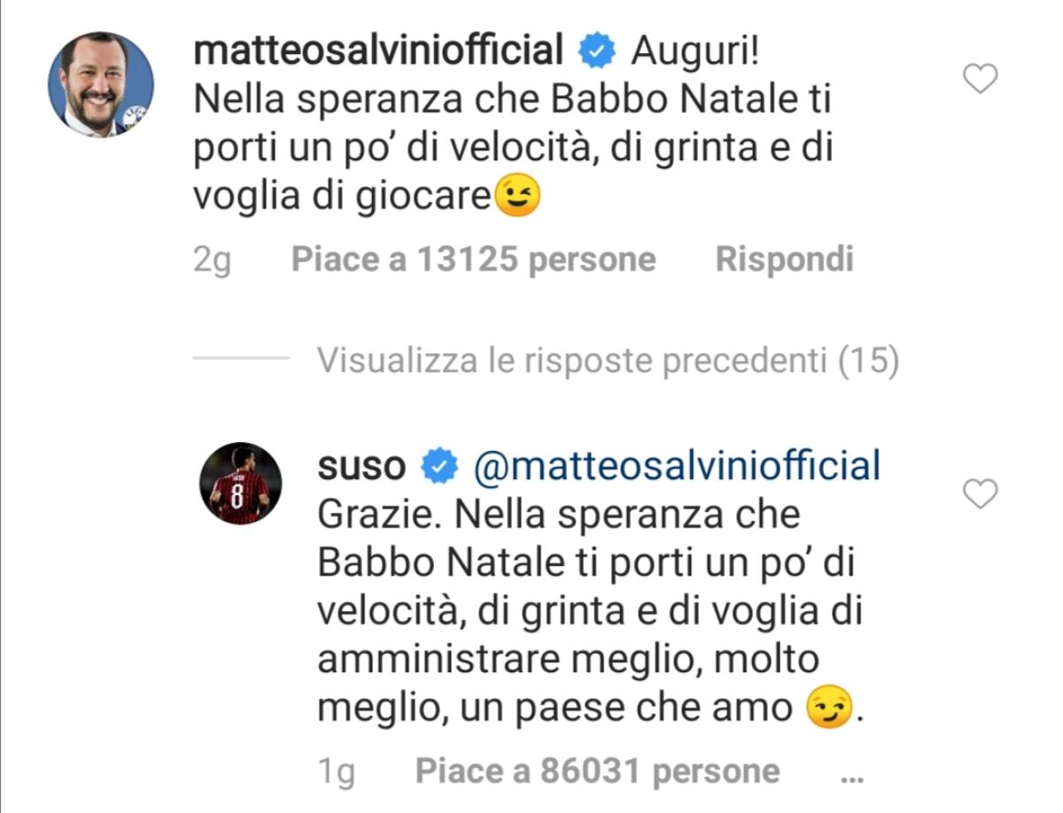 Salvini, Suso e Babbo Natale: botta-risposta su Instagram - 