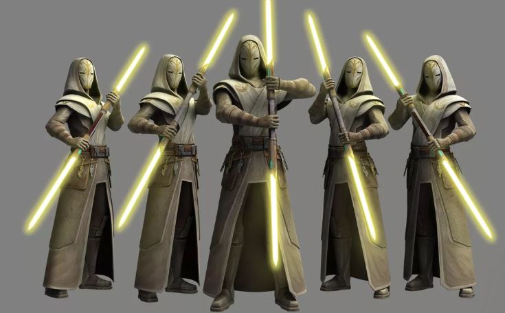 Le guardie del Tempio Jedi con le picche laser a doppia lama