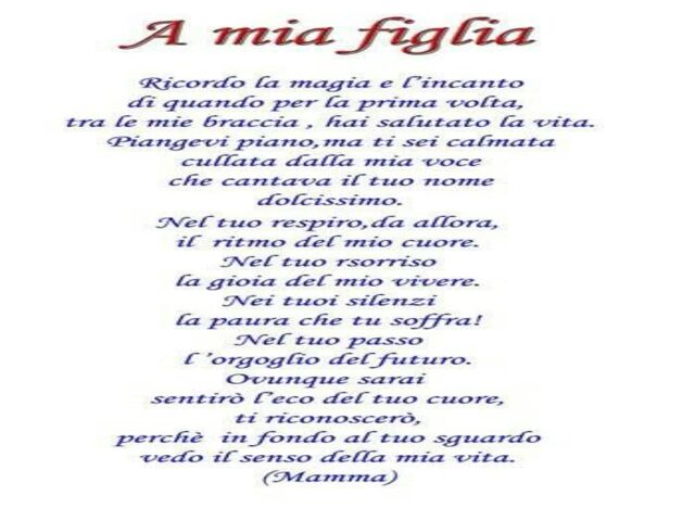 Ricordo la magia e l'incanto di quando per la prima volta tra le mie braccia hai salutato la vita. Piangevi piano, ma ti sei calmata cullata dalla mia voce che cantava il tuo nome dolcissimo. Nel tuo respiro, da allora il ritmo del mio cuore. Nel tuo sorr
