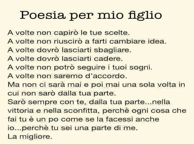 A volte non capirò le tue scelte. A volte non riuscirò a farti cambiare idea. A volte dovrò lasciarti sbagliare. A volte dovrò lasciarti cadere. A volte non potrò seguire i tuoi sogni. A volte non saremo d'accordo. Ma non ci sarà mai e poi mai una sola vo