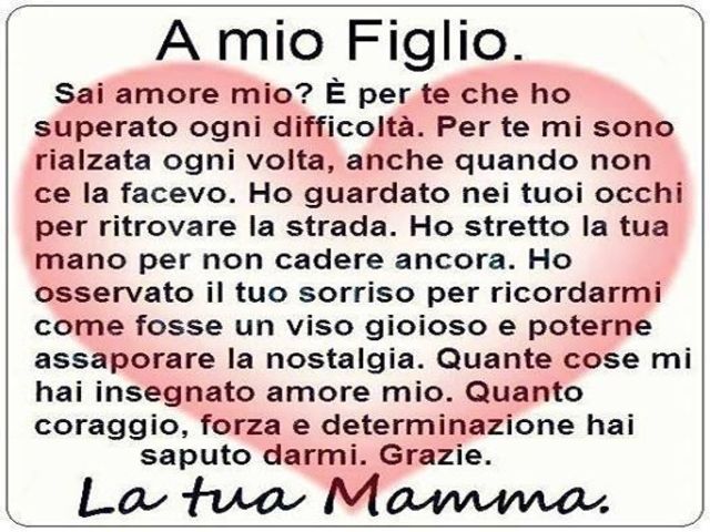 A mio figlio. Sai amore mio? È per te che ho superato ogni difficoltà. Per te mi sono rialzata ogni volta, anche quando non ce la facevo. Ho guardato nei tuoi occhi per ritrovare la strada. Ho stretto la tua mano per non cadere ancora. Ho osservato il tuo