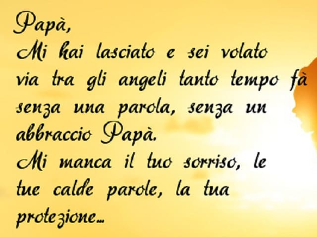 Papà, mi hai lasciato e sei volato via tra gli angeli tanto tempo fa senza una parola, senza un abbraccio papà. Mi manca il tuo sorriso, le tue calde parole, la tua protezione...