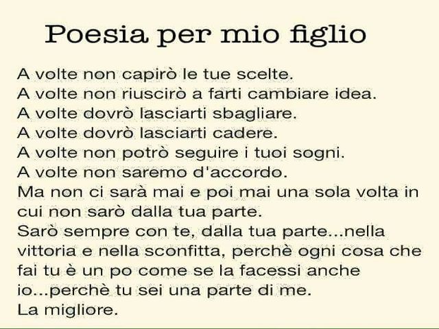 A volte non capirò le tue scelte. A volte non riuscirò a farti cambiare idea. A volte dovrò lasciarti sbagliare. A volte dovrò lasciarti cadere. A volte non potrò seguire i tuoi sogni. A volte non saremo d'accordo. Ma non ci sarà mai e poi mai una sola vo